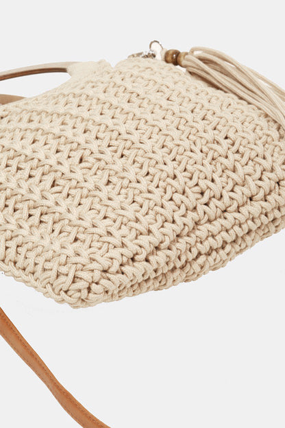 Fame Crochet Knit Convertible Tote Bag with Tassel